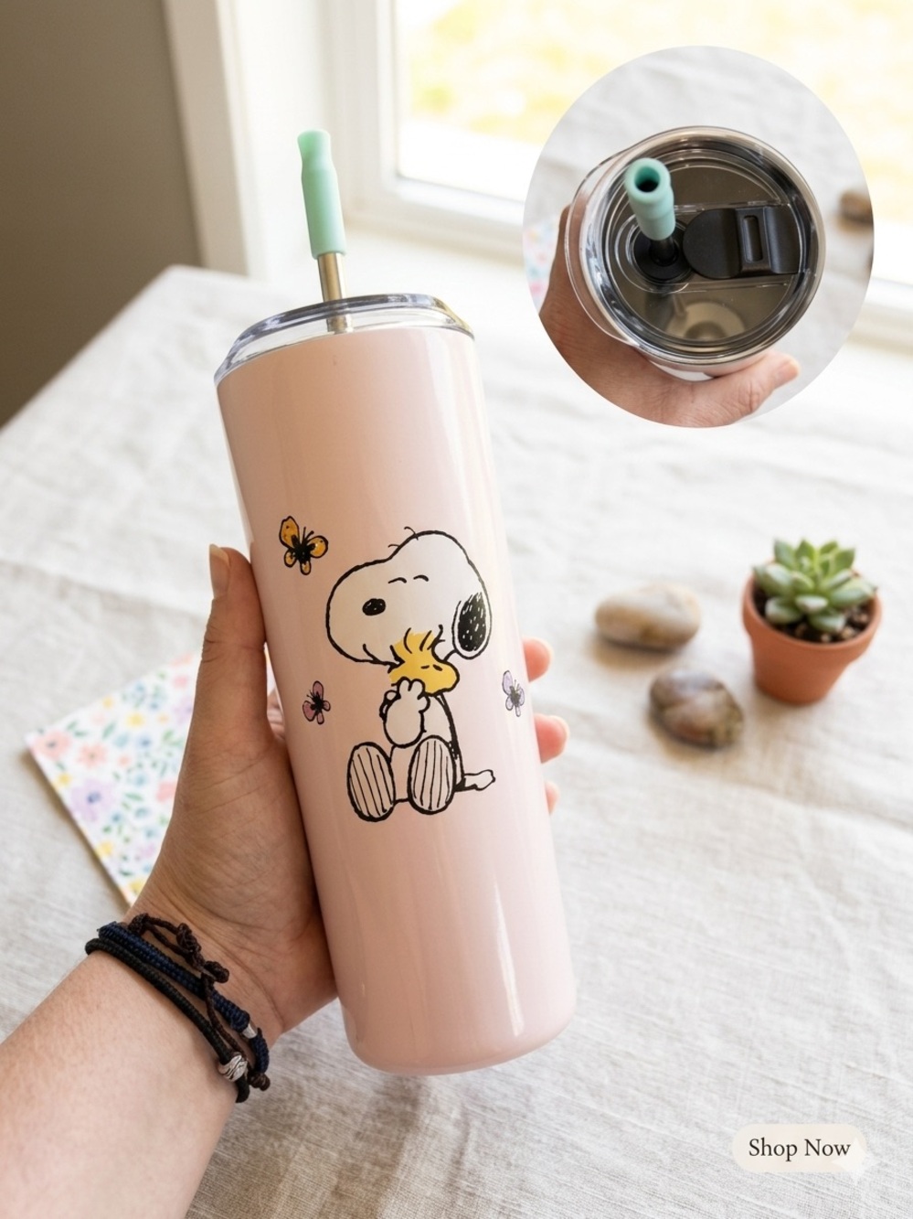 Snoopy Peanuts Pink Tumbler Cup with Straw Butterflies Woodstock Travel Mug NEW